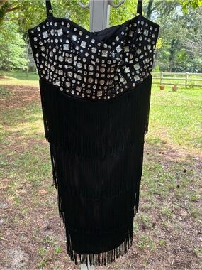 1980’s-does 20’s Embellished Rhinestone Bust and 4 Layers of Fringe, Aida Sz L
